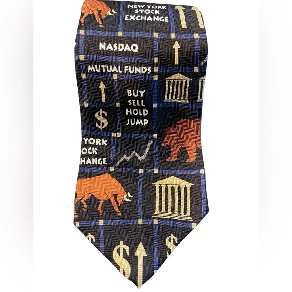 📈📊100% Silk Wall Street themed tie with NYSE, NASDAQ. Black, blue, white hues